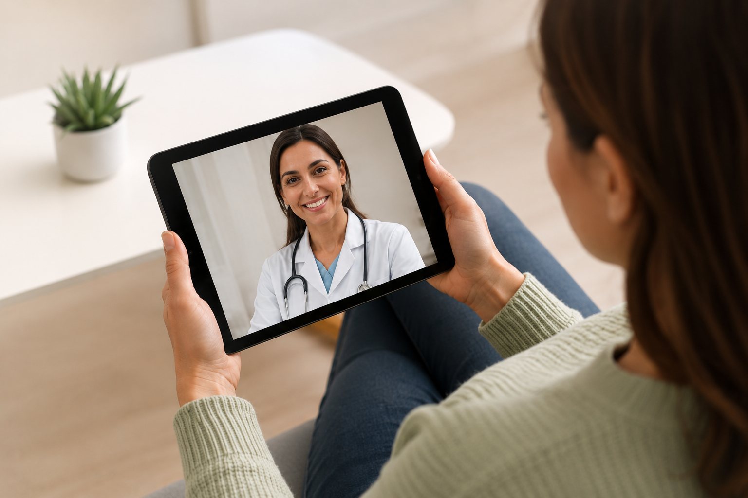 A patient speaking with a doctor by video on a tablet